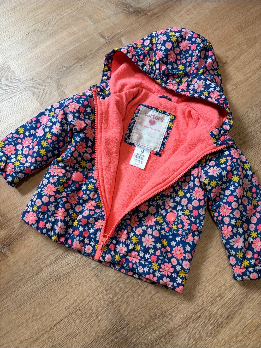 Carter's Navy Floral Puffer Jacket with Bright Pink Fleece Lining